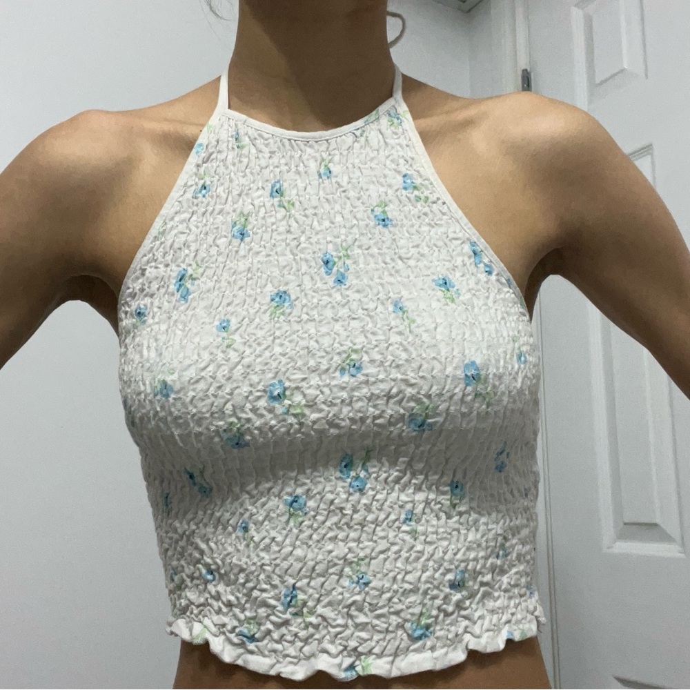 Topshop White Cream Smocked Crop Tank Top